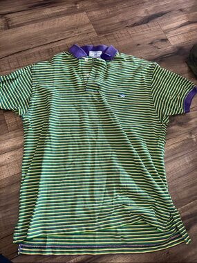 Southern Tide Mardi Gras Green, Gold & Purple Striped Polo